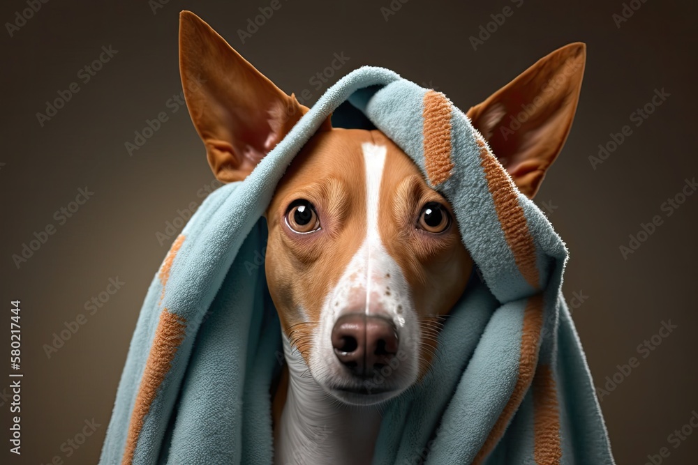 Funny basenji dog wrapped in a towel after getting cleaned up in the bathroom. Generative AI