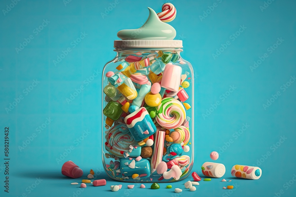 Numerous candy pieces of various hues and shapes overflowing a glass jar against a blue background. 