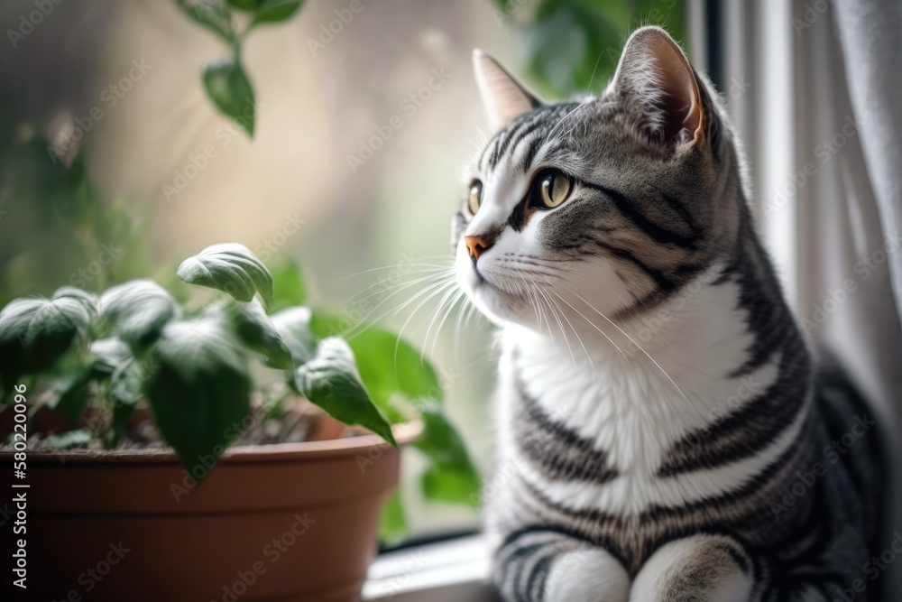 A close up of a gray and white striped pet cat sitting on a window sill near some houseplants. Image