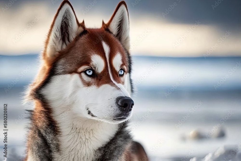 Red collared Siberian Husky. Generative AI