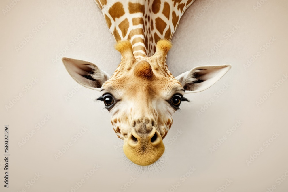 A funny, cute picture of an upside down giraffe on white. Generative AI