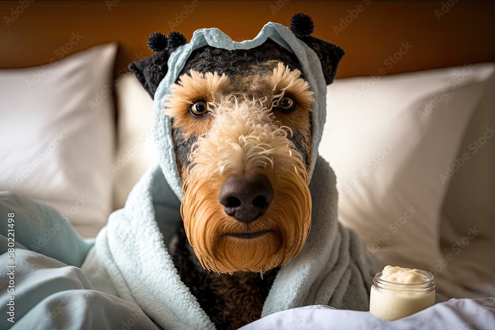 Funny airedale terrier dog photograpy cute spa Day in bed relaxing with a face mask. Generative AI