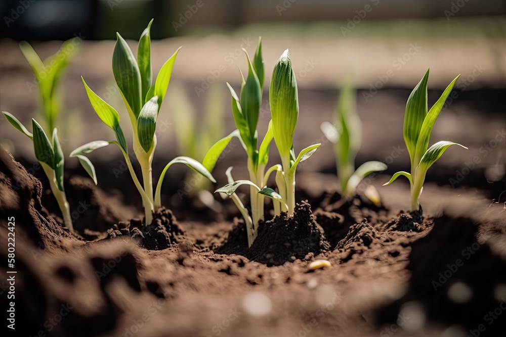 Springtime corn shoots on the field, blurred. A farm with green maize seedlings in its early stages 