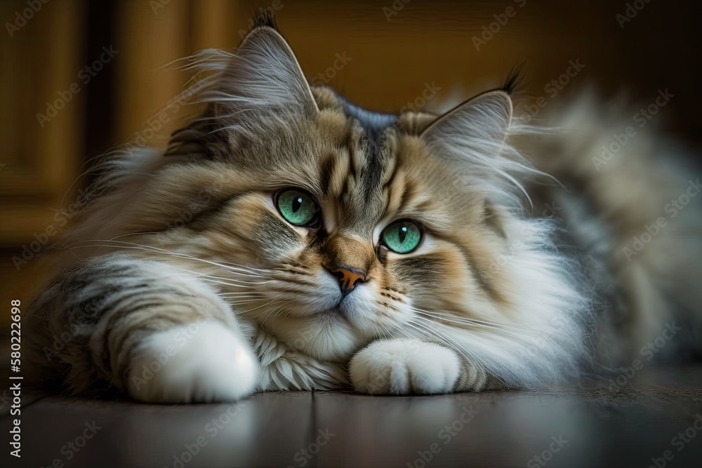 A picture of a green eyed Siberian cat lying on the floor at home. Long haired, purebred cat with st