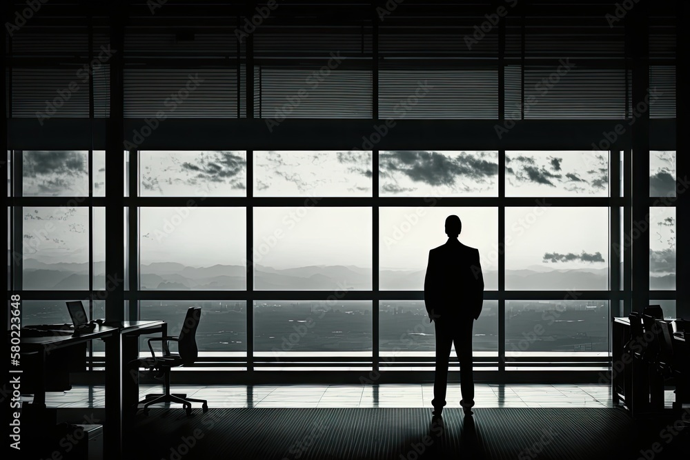 A businessmans silhouette is seen through an expansive window in an otherwise empty workplace. Gene