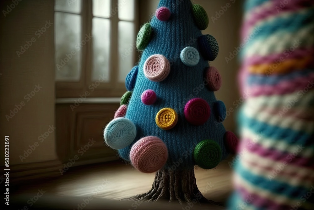 Christmas tree decorated with knitted ornaments. Generative AI