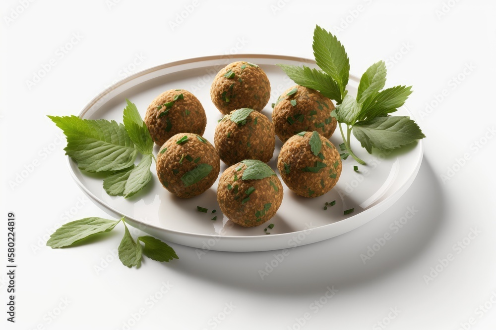 Fried falafel balls with parsley leaves on a platter with a white background. Generative AI