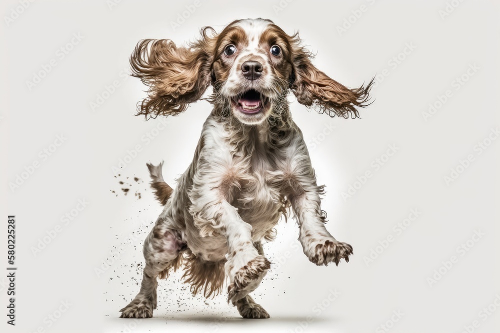 Just crazy kids. Young English cocker spaniel dog is making a pose. Isolated on a white background, 