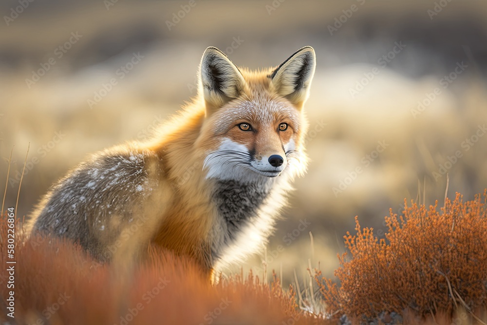 Red fox crouched (Vulpes vulpes). The fox moves slowly and looks right at you. A picture of a fox in