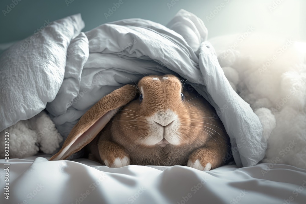 The funny rabbit sleeps in bed on a white blanket. Surprise for Easter. Generative AI