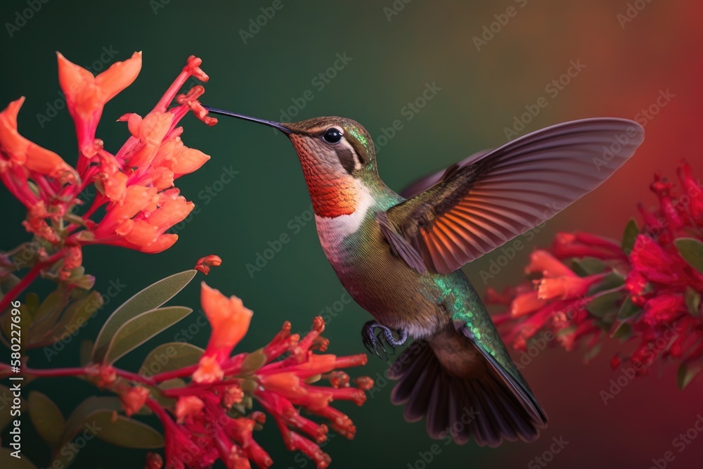 Against a hazy green background, a female Ruby Topaz hummingbird (Chrysolampis mosquitus) feeds on t