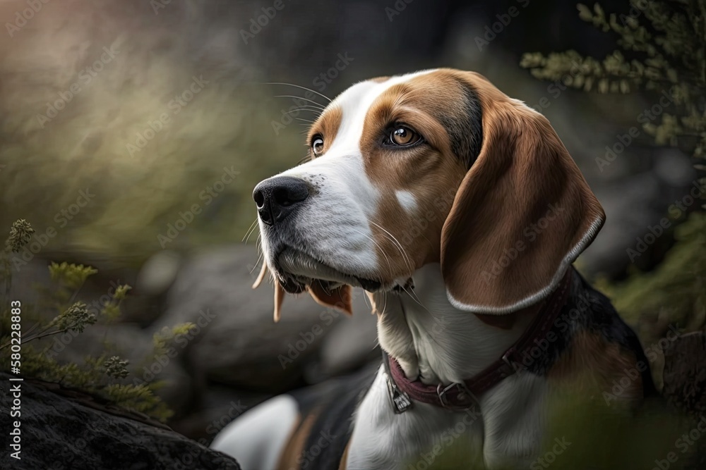 Dog in nature. Purebred beagle looking handsome. Regal dog in nature. Beautiful beagle. Generative A