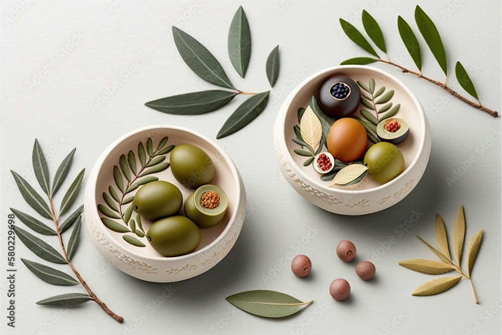 In clay and white bowls on white wood, several olives with leaves and olive oil are shown. close up.