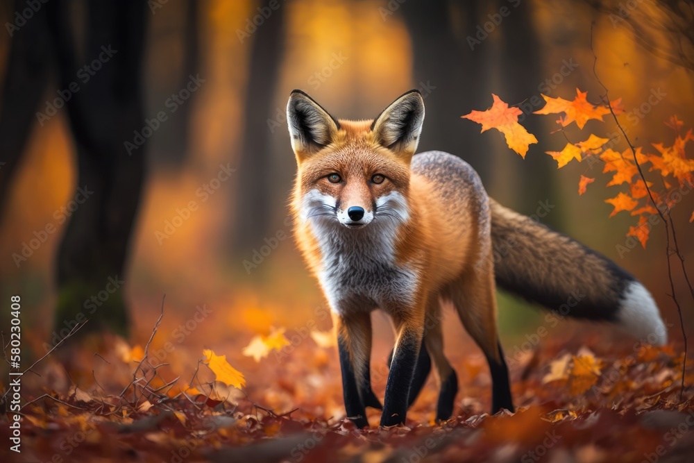 Red Fox, Vulpes vulpes, looking cute in the fall forest. Beautiful animal living in the wild. Scene 