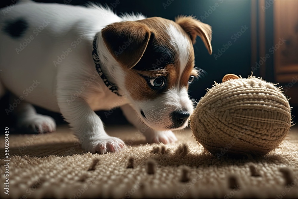 Adorable puppy On the carpet, a Jack Russell Terrier is playing with a toy. A picture of a small dog