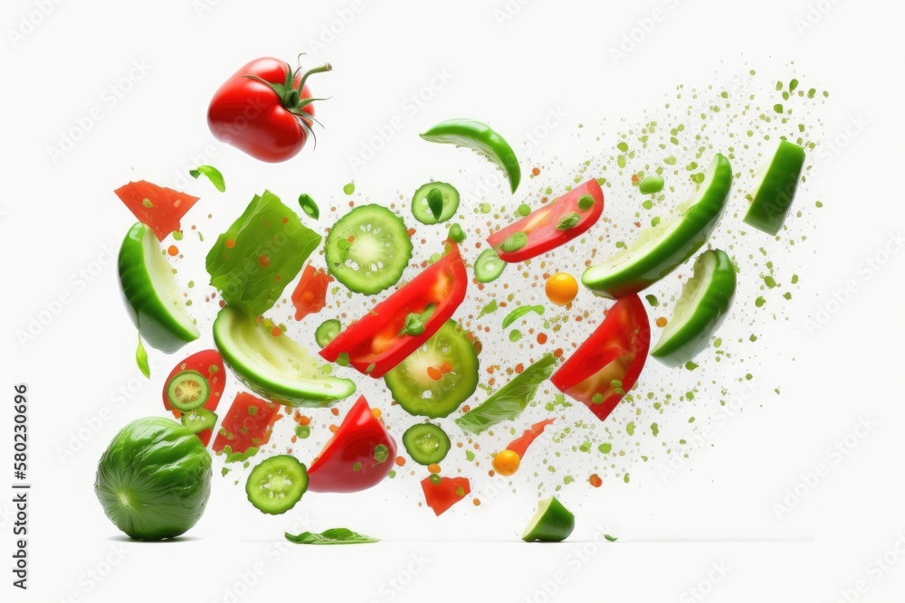 Vegetables in isolation. Fresh lettuce leaves, tomato slices, cucumber cubes, red and green bell pep