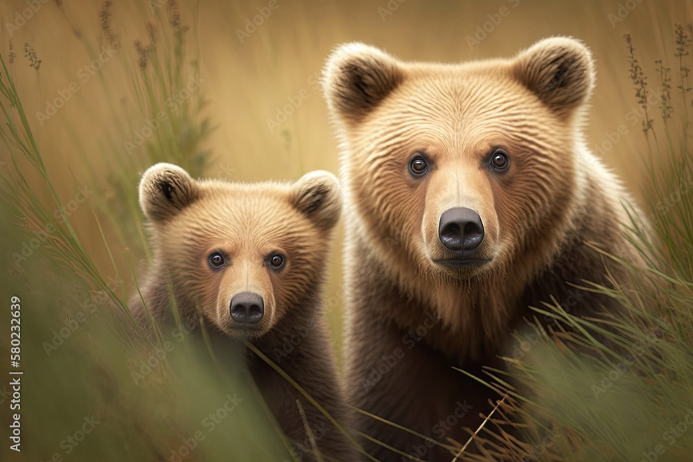 In the middle of a grassy meadow, a cute brown bear cub and an adult female brown bear with a fluffy