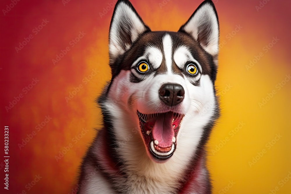 Humorous husky with dopey muzzle expression, crimson butterfly, yellow studio backdrop, canine expre