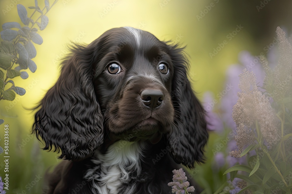 Portrait of an English cocker spaniel puppy in the summer, with flowers in bloom in the background. 