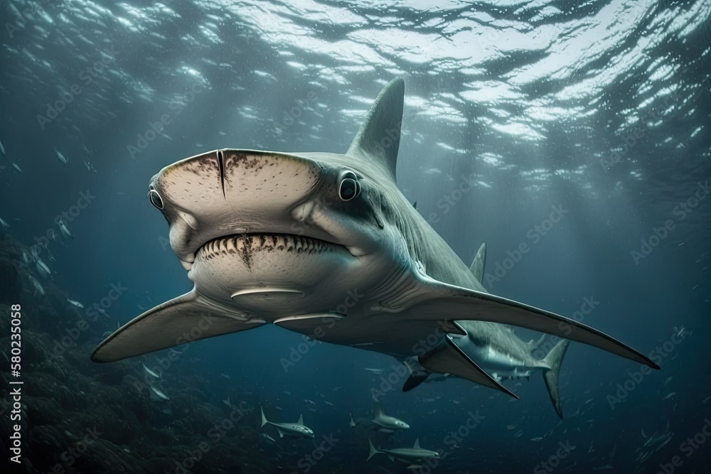 A hammerhead shark (family Sphingidae) in the warm seas of the Caribbean. The hammerhead shark lives