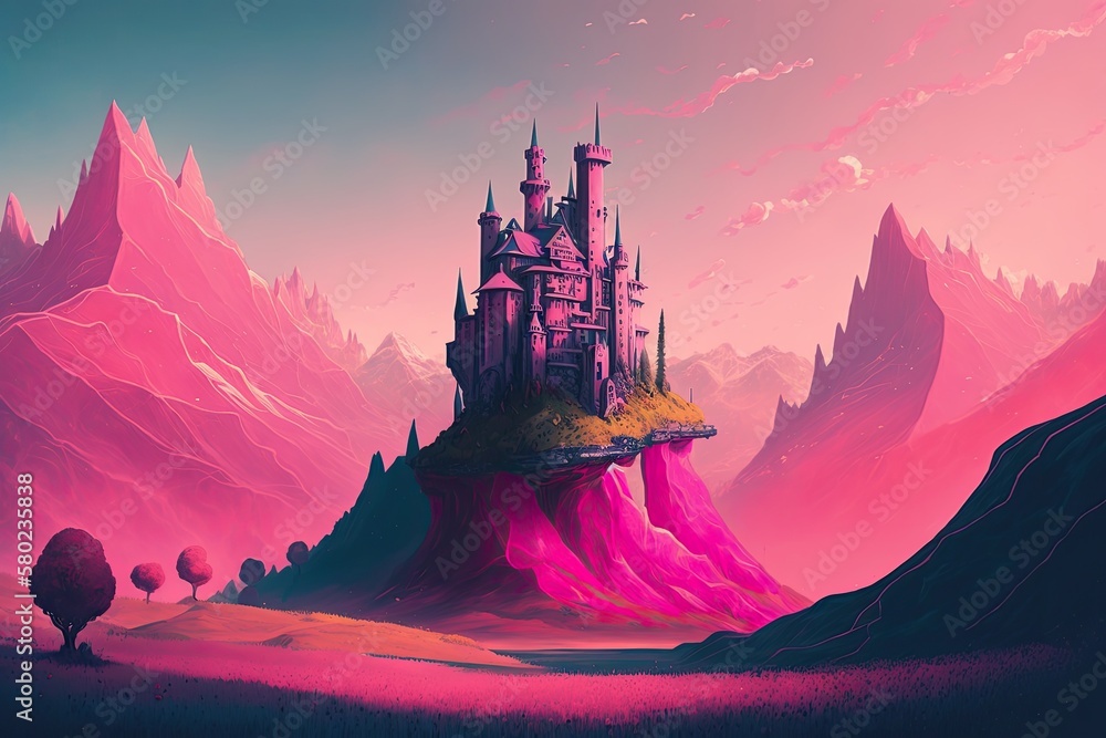 Hills that are the color pink, and a pink castle from a fantasy world. Generative AI