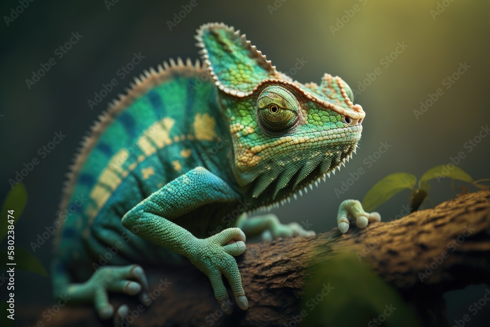 Green chameleon hunting. A picture of an unusual animal. Macro. Generative AI