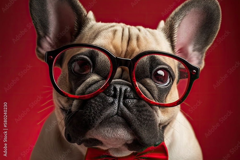 Funny French Bulldog dog wearing heart shaped Valentines Day glasses and a bow tie on a red backgro