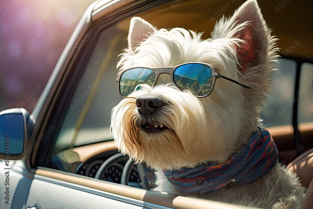 A west highland white terrier wearing goggles and riding in a car with the window down through an ur