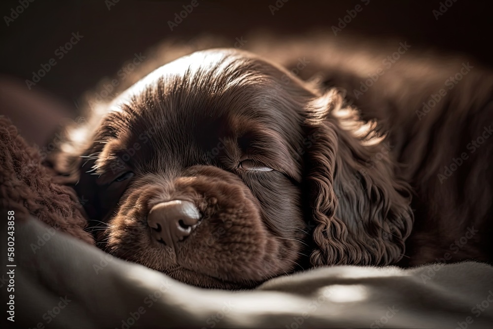 The little brown Cocker Spaniel puppy is soundly sleeping. Fluffy pet. Generative AI