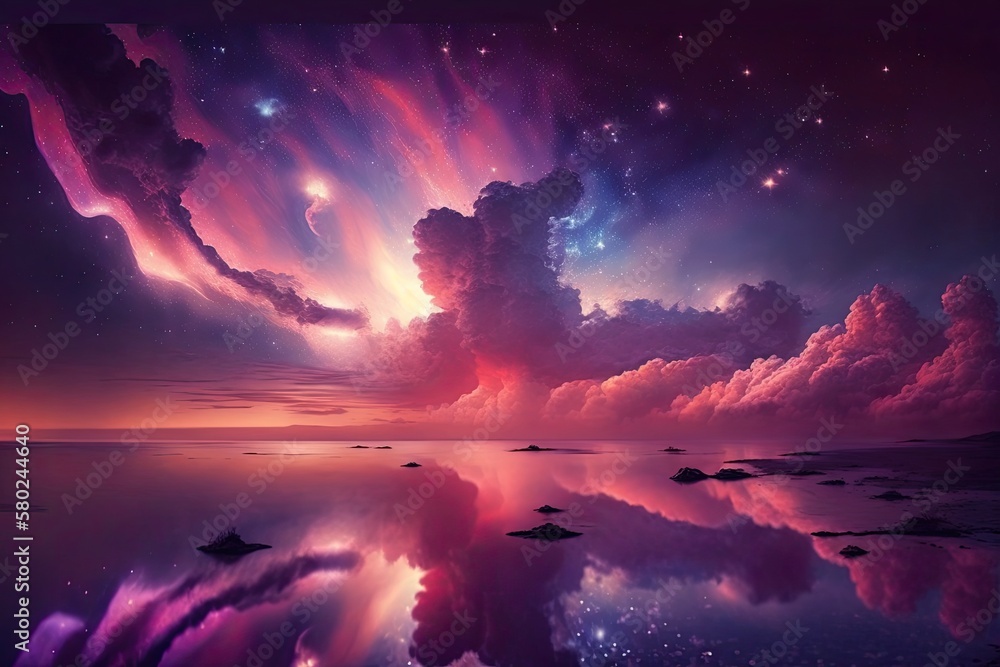 Sky with stars falling nebula purple lilac blue hazy seascape at sunset in the summer with stunning 