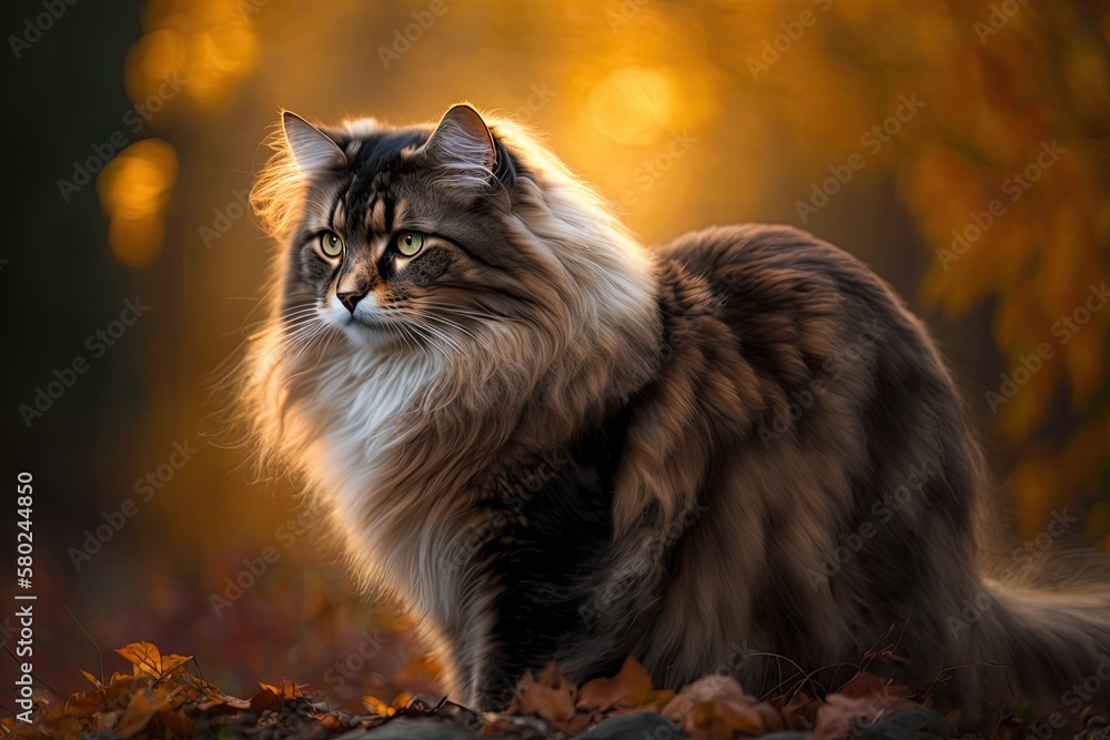 A beautiful female norwegian forest cat with a tortoiseshell coat is seen outside in the yellow ligh