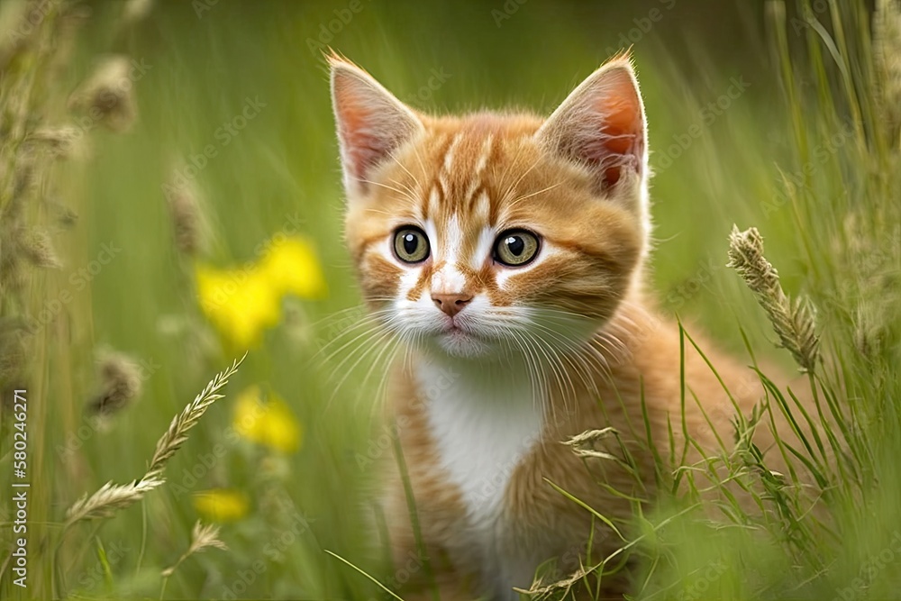 Cute cat in a grassy backdrop, isolated. Generative AI