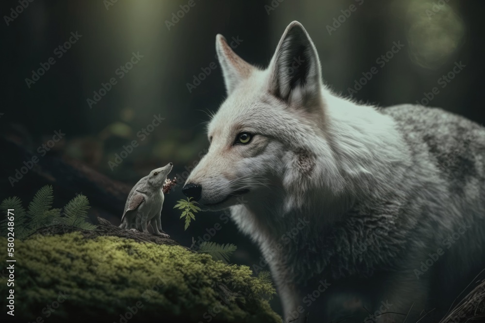 White wolf eating rabbit in forest in nature, prey in teeth up close, danger wildlife photo. Generat