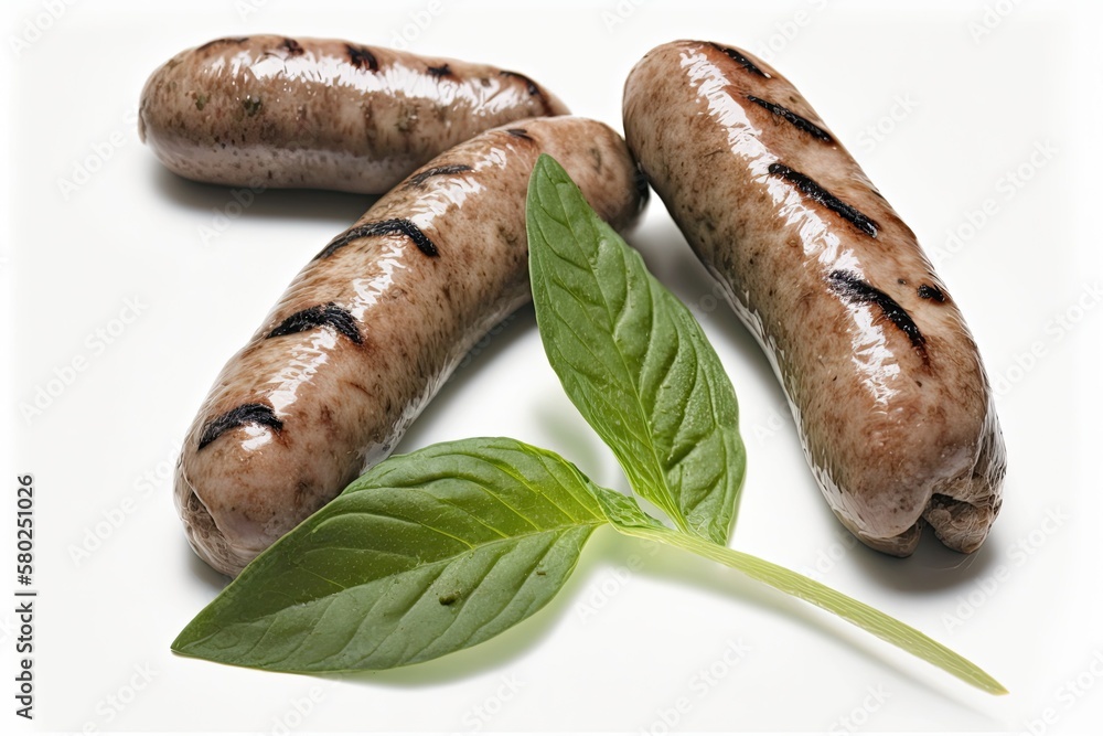 Close up, solitary, grilled bratwurst pork sausages with basil leaves on a white backdrop. Generativ