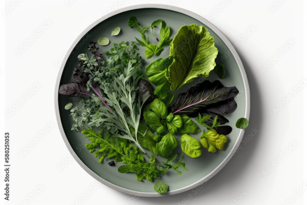 A dish of assorted greens. A look down from above. in a solitary position on a white background. Gen