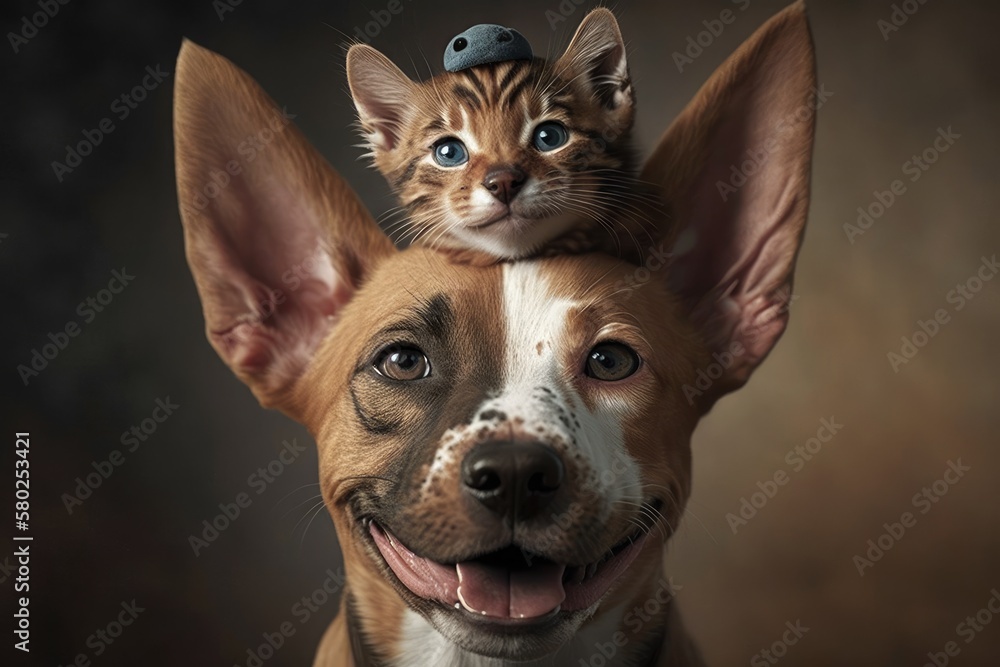 A picture of a happy mixed breed dog with a kitten on his head. Generative AI