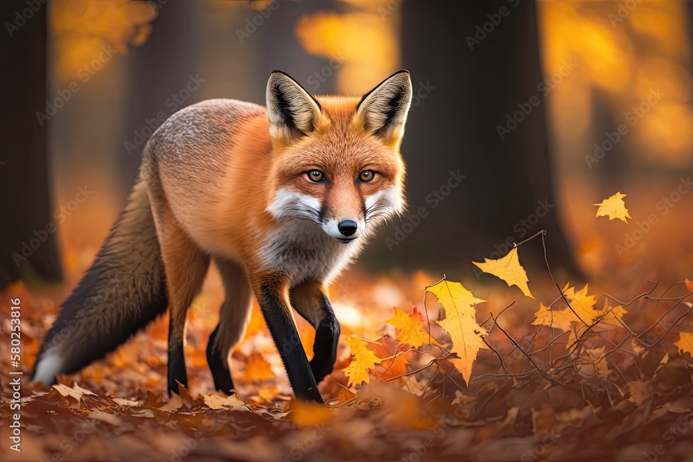 A red fox runs on orange leaves in the fall. Red Fox, Vulpes vulpes, looking cute in the fall forest