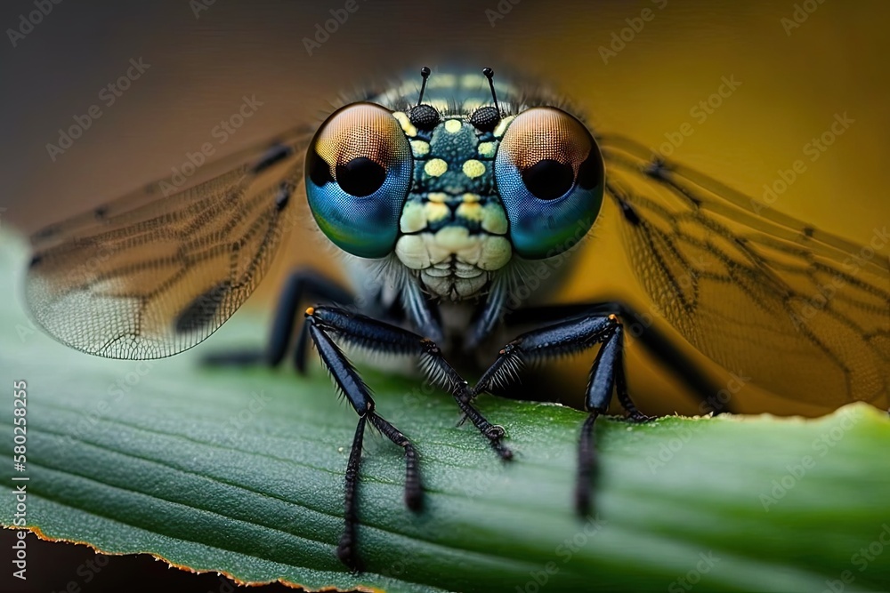 A dragonfly on a leaf makes a cool and funny macro picture. A close up of a dragonfly with big eyes 