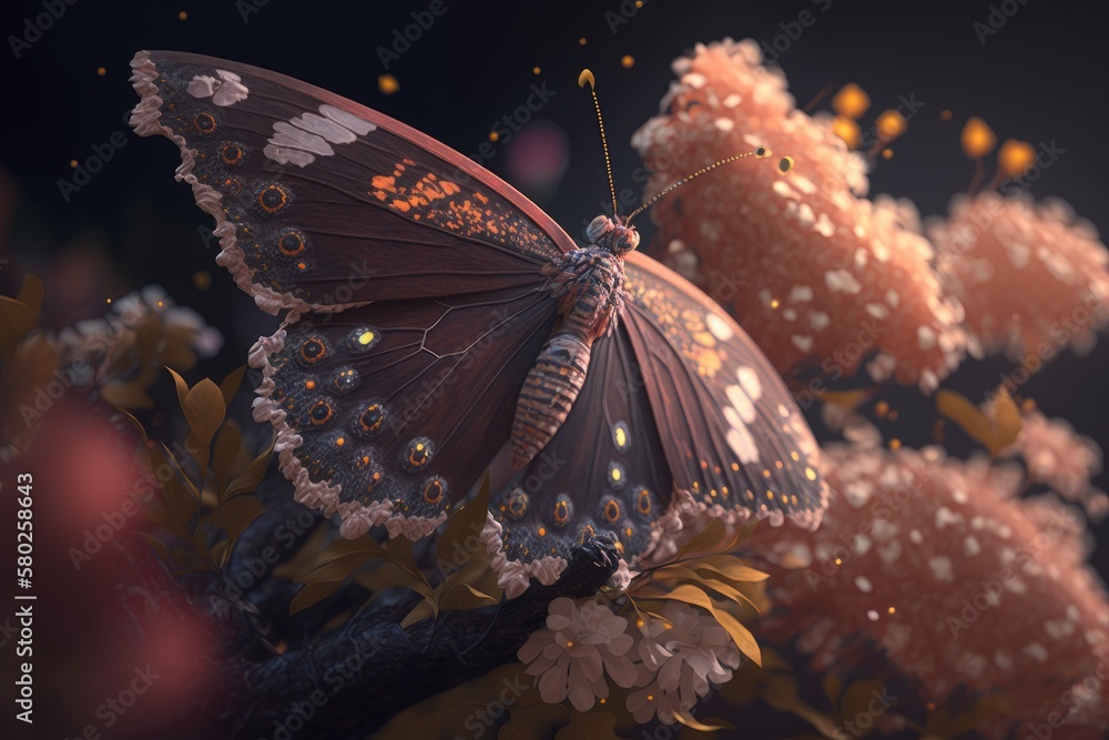 Stunning butterfly in selective focus posing on a tree covered in tiny flowers. Generative AI