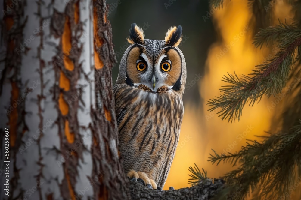 Owl in the tree. Behind the trunk of a larch tree is a portrait of a Long eared Owl with big orange 