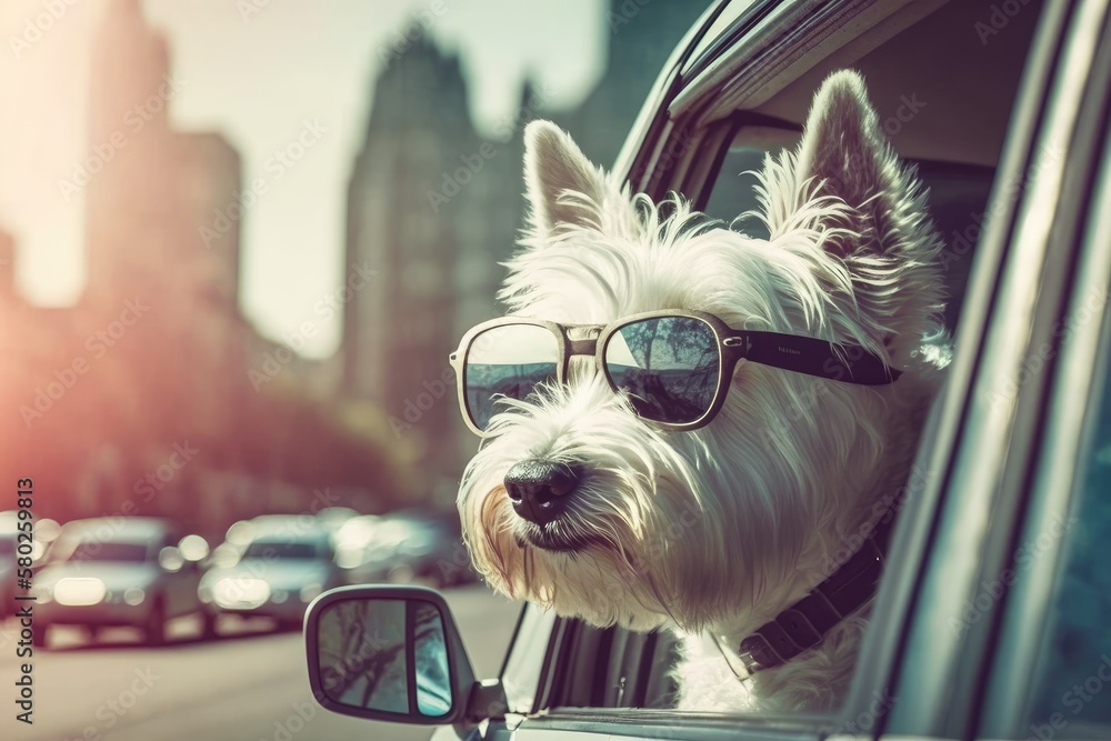 West Highland White Terrier wearing goggles riding in a car with the window down through an urban ci