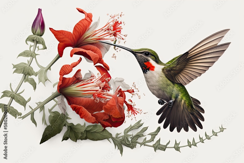 A ruby throated hummingbird, its tail spread wide open, dives headfirst into a vivid red columbine b