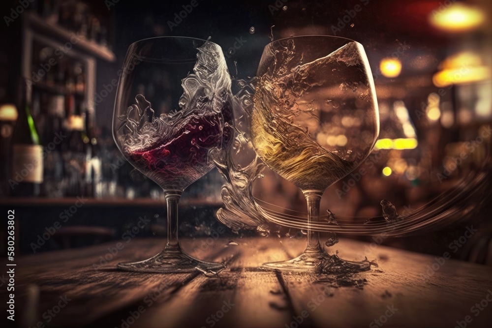 Two wine glasses collide, bottles blur, and a bar counter can be seen in the background. Generative 