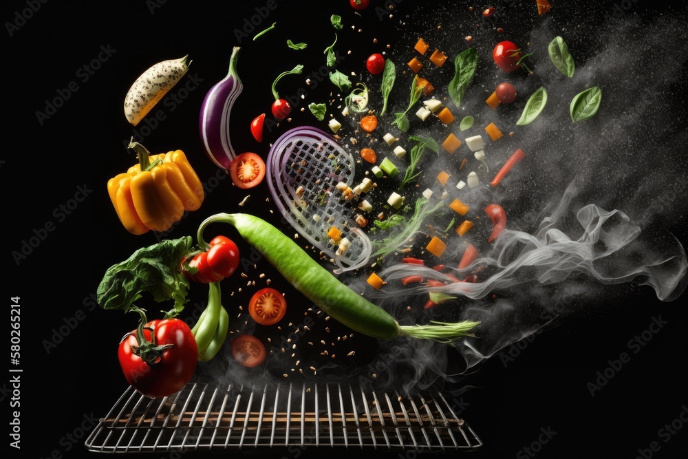 Vegetables falling through the grill, black background. High resolution, conceptual photo of food in