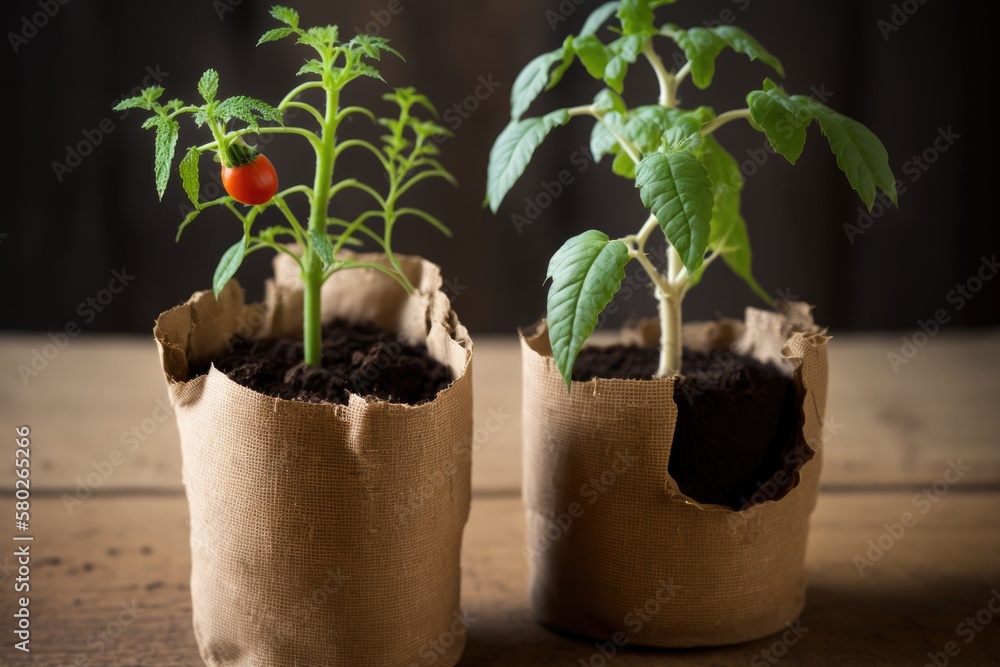 Tomato seedlings in eco pots with a wooden background, ready for transplanting or pricking out. Gene