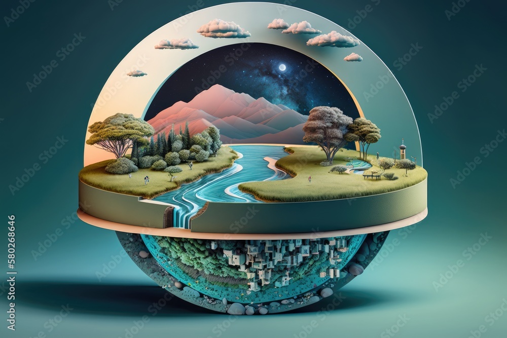 Surreal round earth cutaway cross section isolated against pastel cyan night sky, atop a circular pl