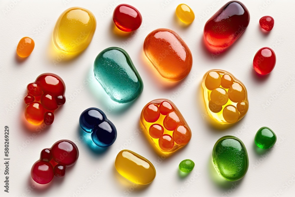 several colorful, sour marmalades stretched out against a white background. jelly beans. Generative 