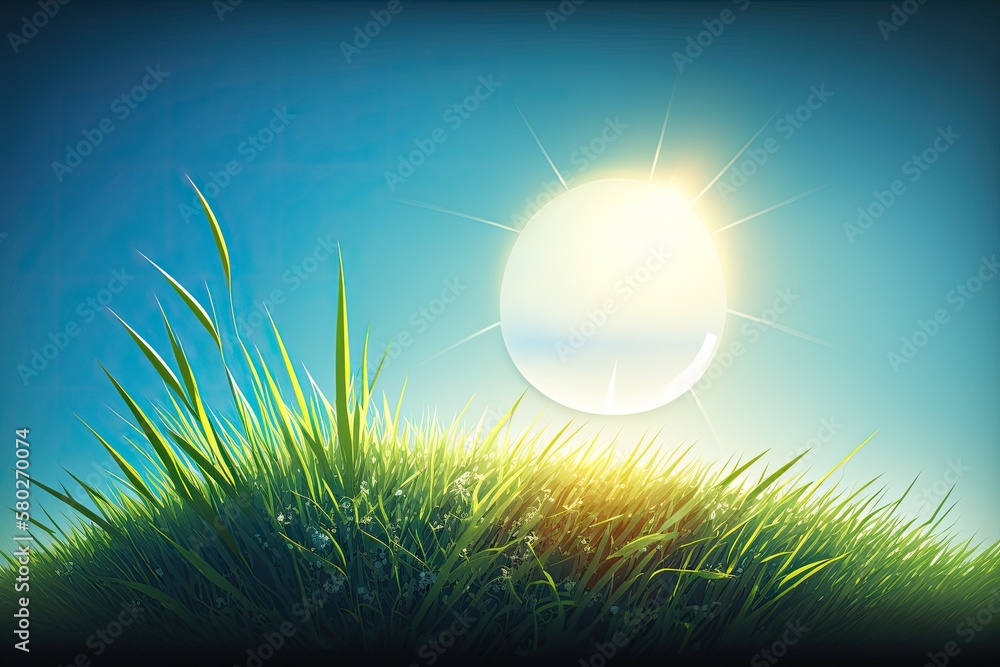 Summertime landscape illustration of a green grass field against a blue sky and a brilliant sun. Gen