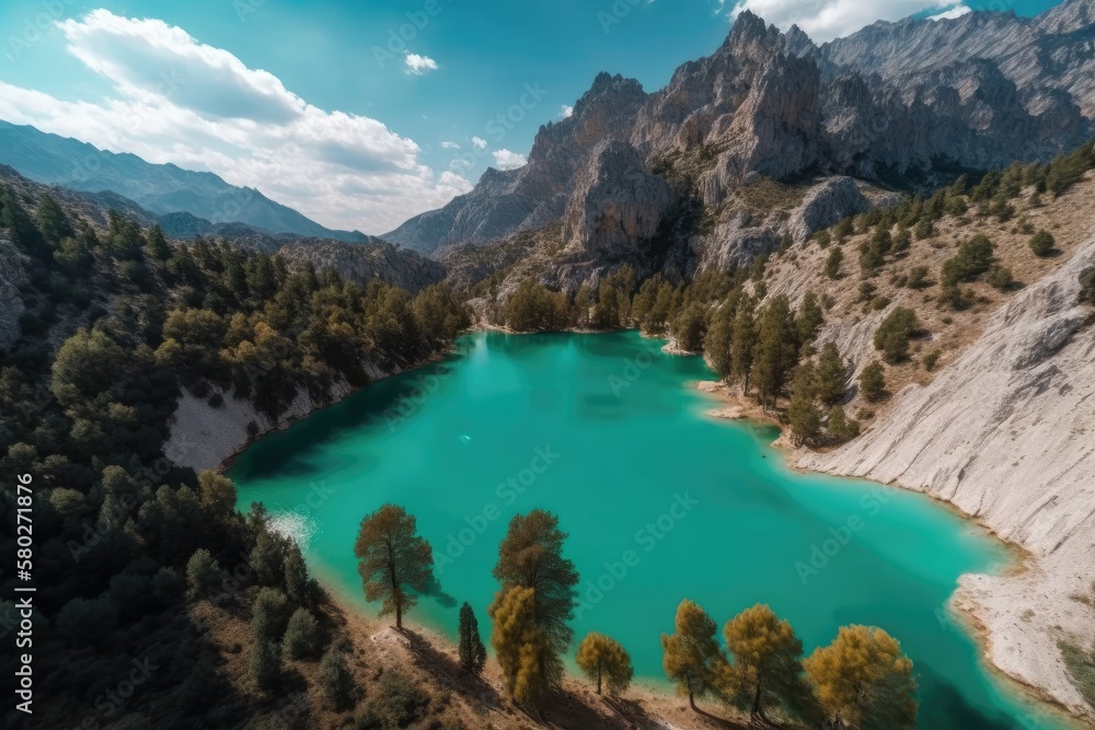 Lake Oymapinar in Turkey. Flyover video of a mountain lake. The Oymapinar Dams Emerald Water Reserv