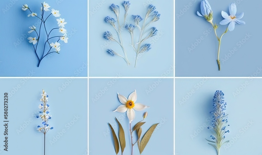  four different types of flowers on a blue background, each with a single flower in the middle of th